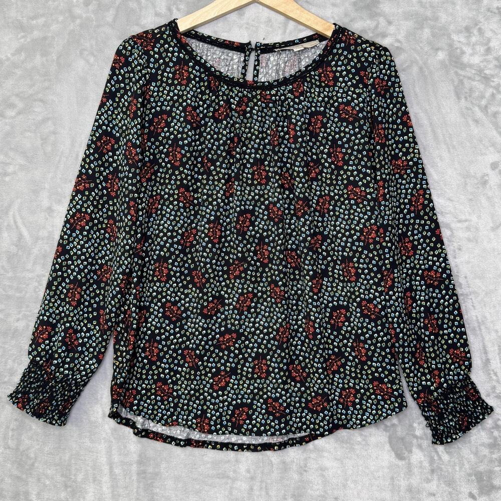 LOFT Shirt Womens Medium Petite Black Floral Geometric Long Sleeve Smocked Boho